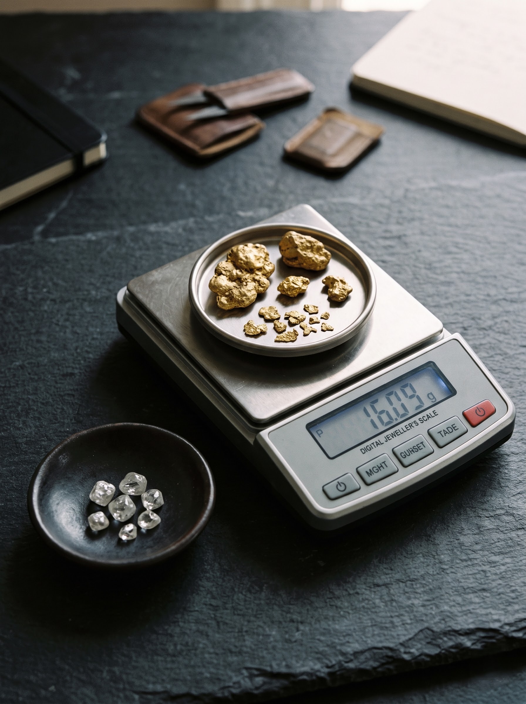 Raw gold and diamonds being carefully weighed and tracked